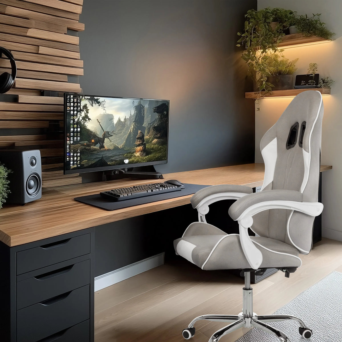 Fauteuil Gamer GAMEBREAKER W03 en gris et blanc avec accents blancs et accoudoirs de MyBuero