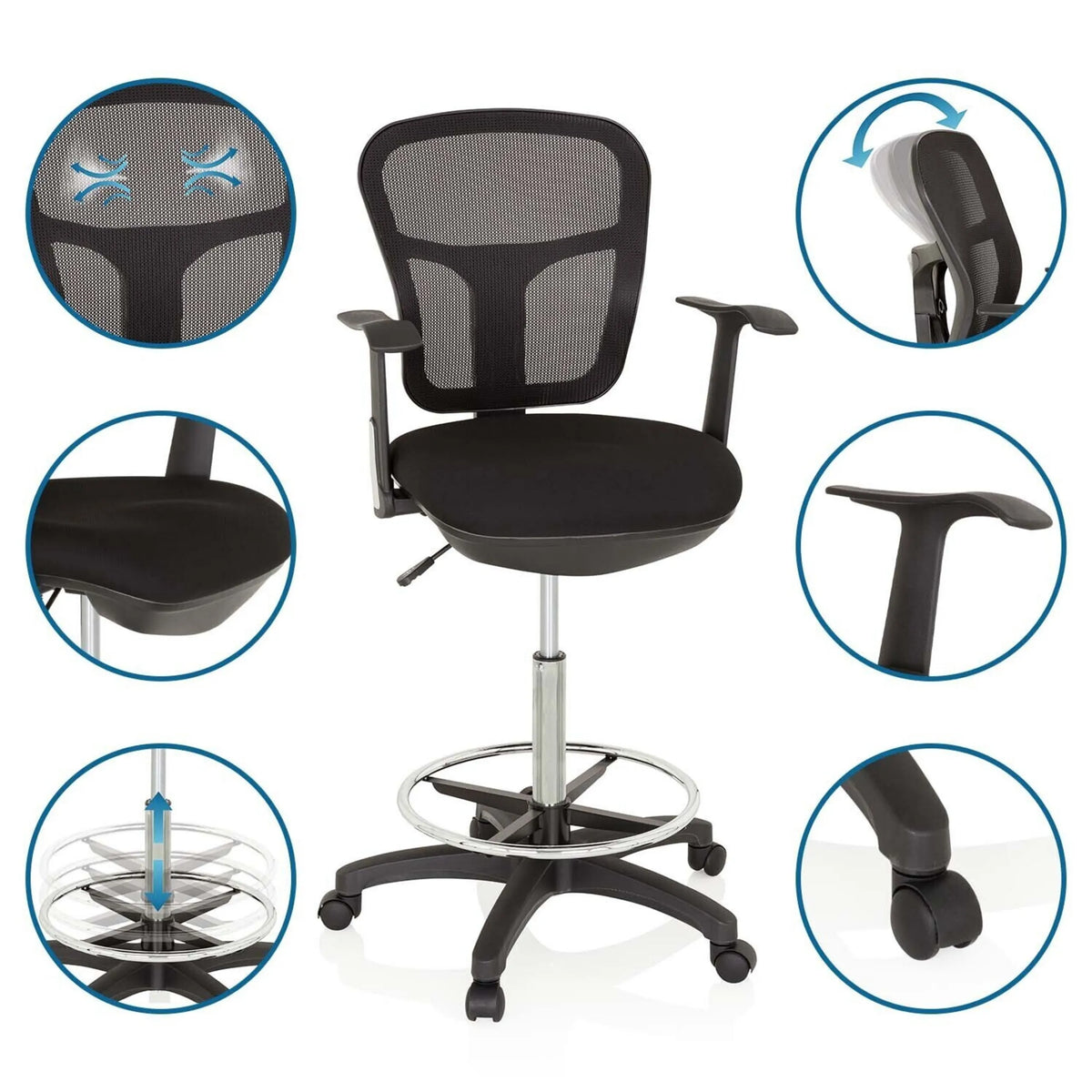 Chaise de comptoir TOP WORK 108 noire avec dossier en maille, repose-pieds et roulettes de hjh OFFICE