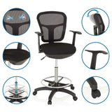 Chaise de comptoir TOP WORK 108 noire avec dossier en maille, repose-pieds et roulettes de hjh OFFICE