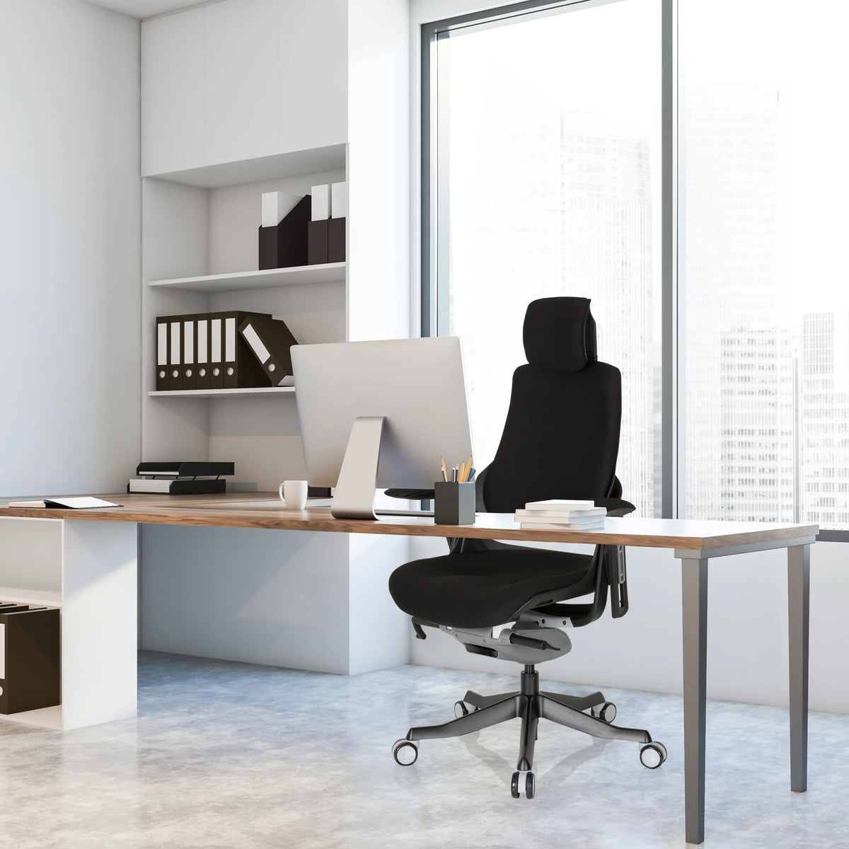 Siège de bureau de qualité professionnelle SPEKTRE BLACK noir avec appui-tête et revêtement en tissu à un bureau de hjh OFFICE