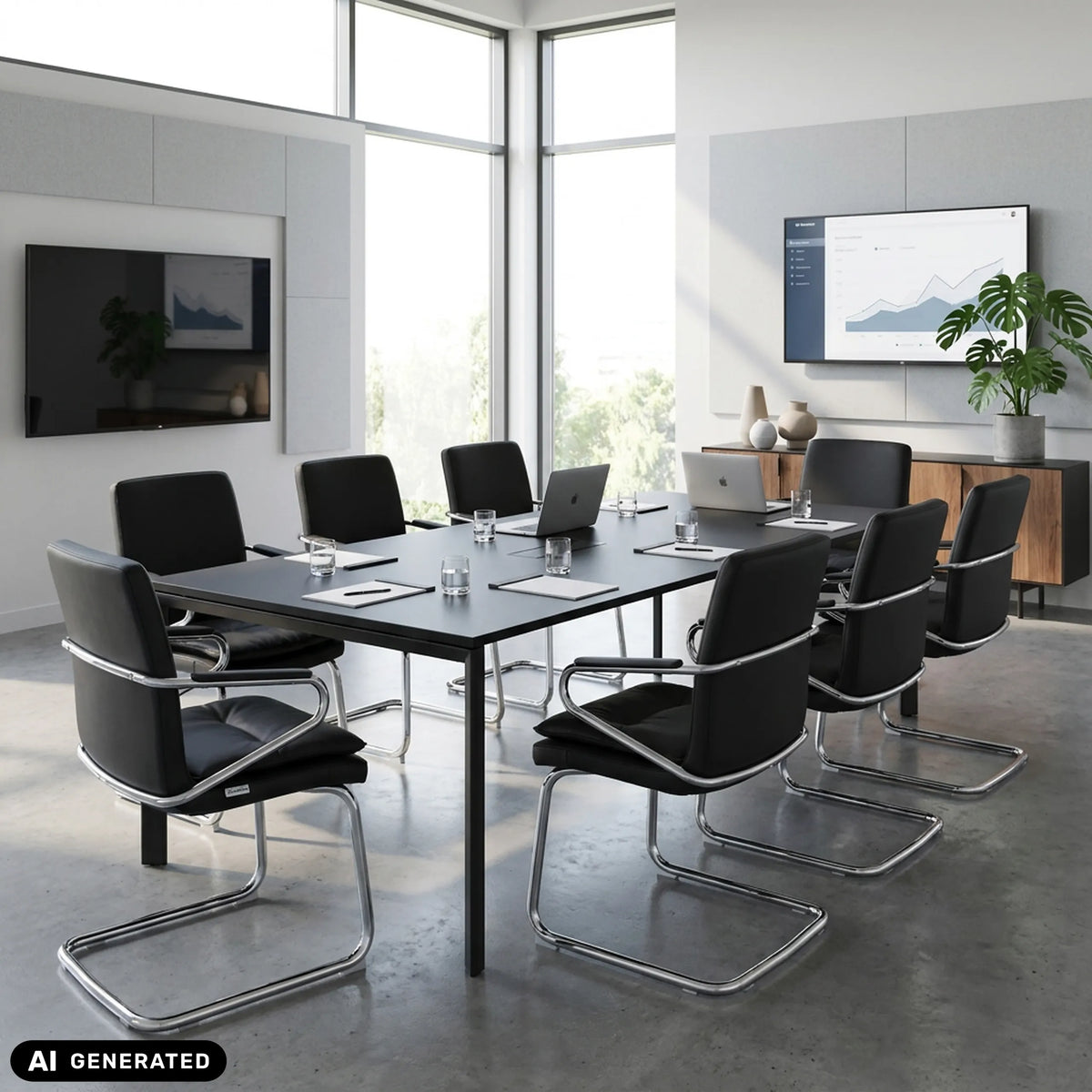 Chaise cantilever Rovento V noire dans une salle de conférence de hjh OFFICE (image générée par IA)