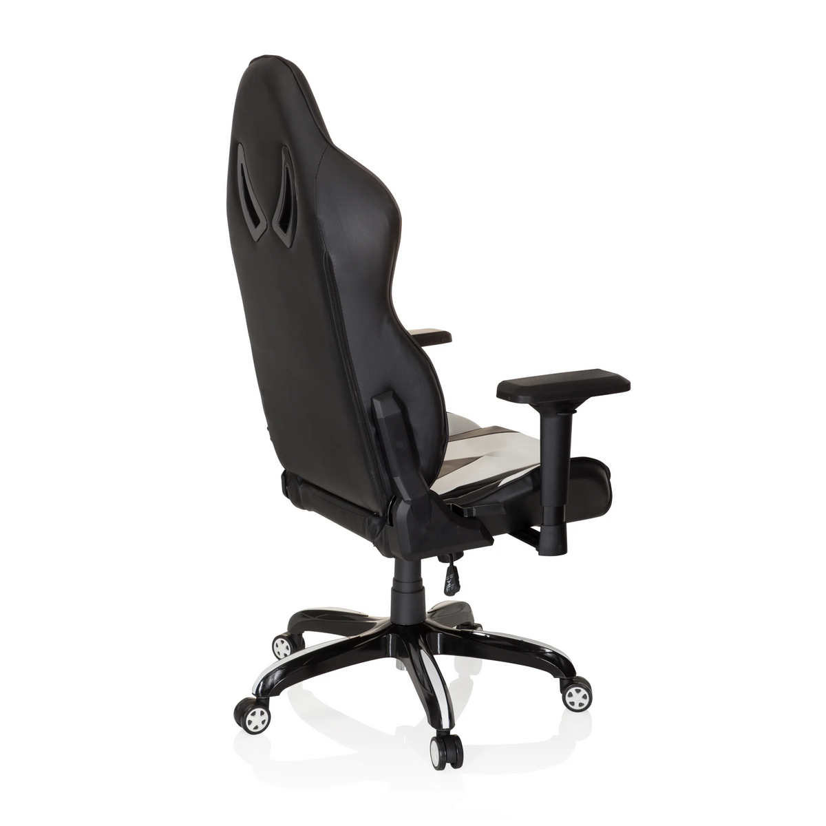 Fauteuil Gamer PROMOTER I noir et blanc avec accoudoirs et base à cinq roulettes de hjh OFFICE – vue à 360° (vue de trois quarts arrière 120°)