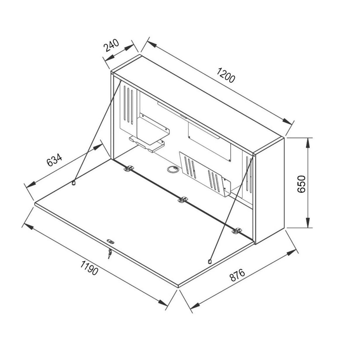 Dessin technique du bureau mural WOVA de 1200 × 650 mm de hjh OFFICE PRO