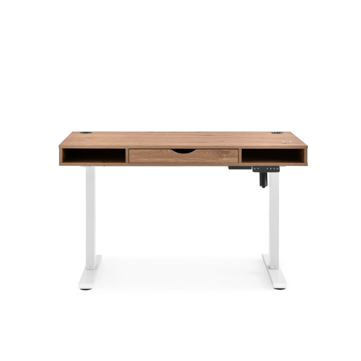 Bureau réglable en hauteur électriquement Worktime Style en chêne et blanc avec tiroir de hjh OFFICE – vue à 360° (vue de face 0°)