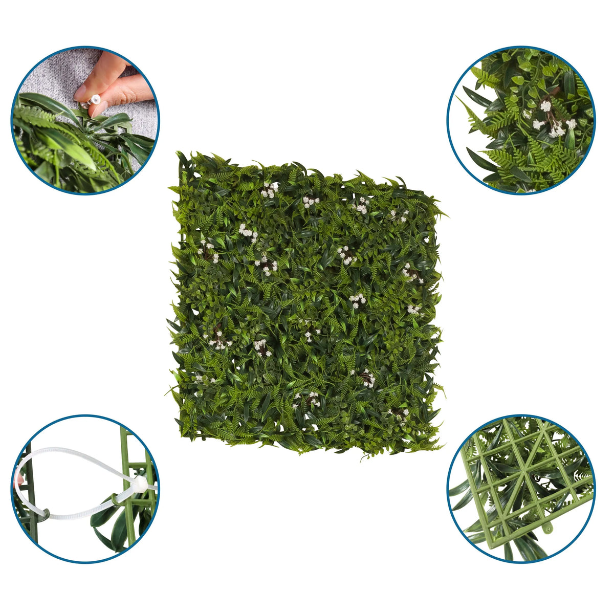 Tapis végétal vert MORE GREEN I avec vues détaillées de la fixation et de la grille en plastique de hjh OFFICE