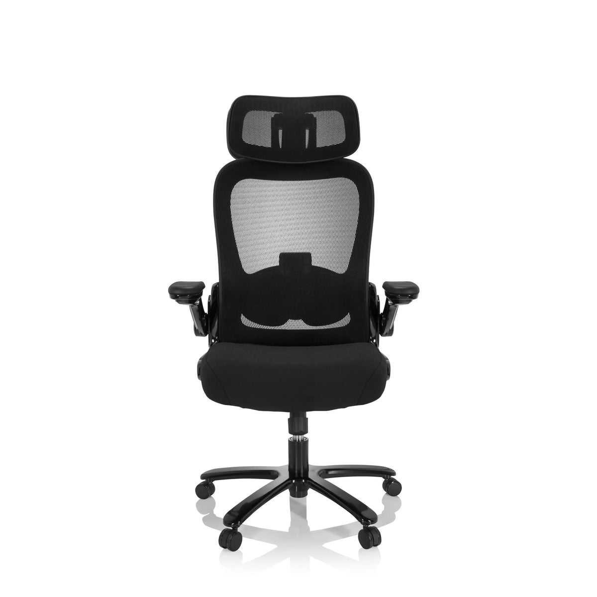 Siège pivotant XXL INSTRUCTOR SW I PRO noir avec dossier en maille, appui-tête et base à cinq roulettes de hjh OFFICE – vue à 360° (vue de face 0°)