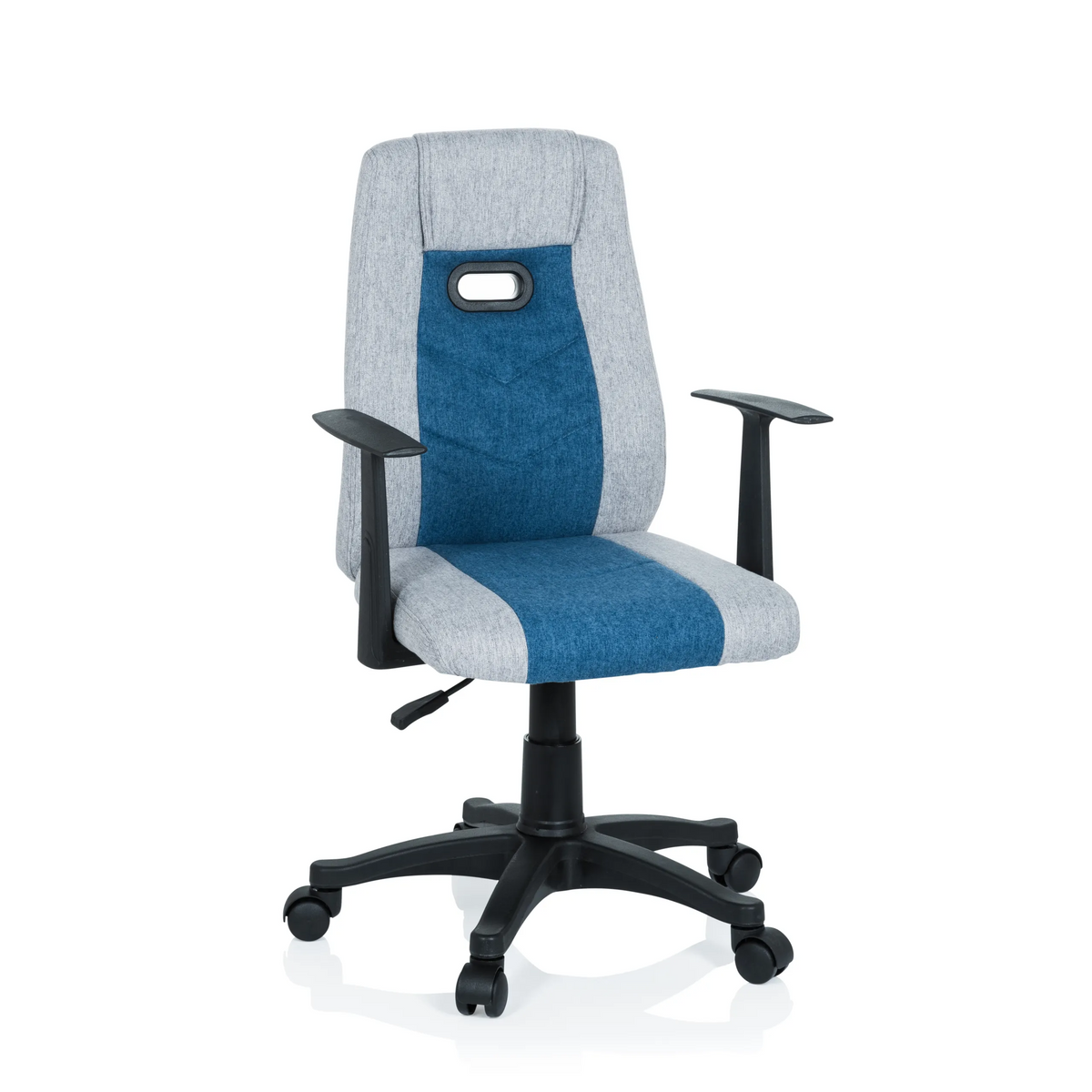 Chaise pivotante pour des enfants KIDDY EXTRA gris-bleu avec accoudoirs et base à cinq roulettes de hjh OFFICE – vue à 360° (vue de face 20°)