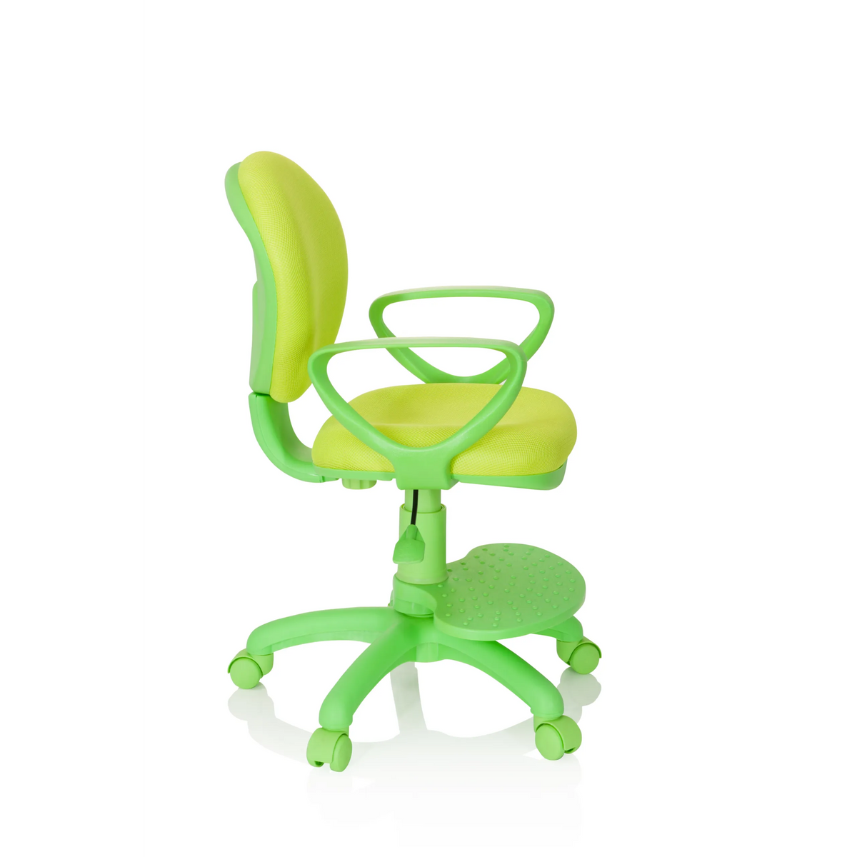 Chaise pivotante pour des enfants KID COLOUR verte avec accoudoirs et piètement à cinq roulettes de hjh OFFICE – vue à 360° (vue de profil 80°)