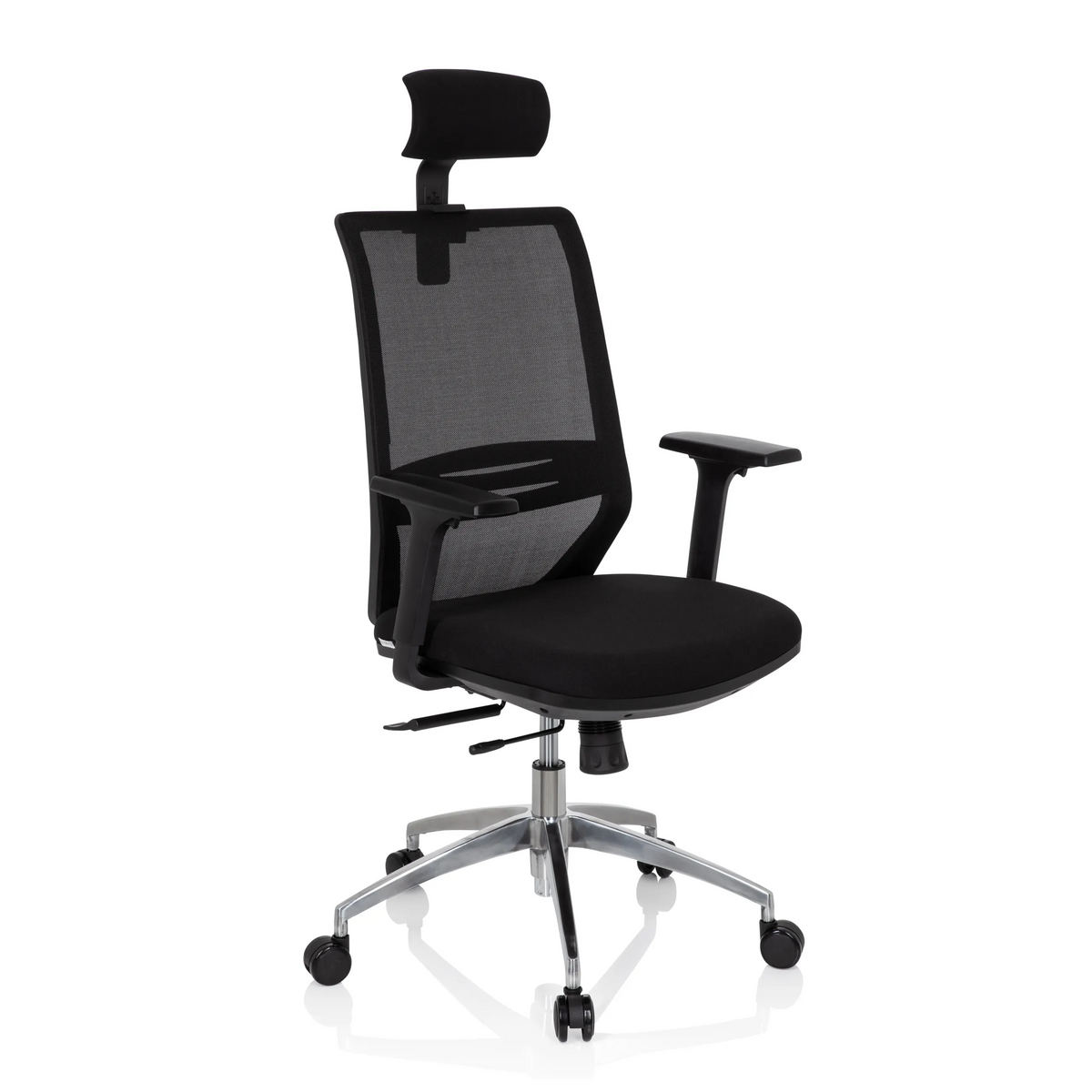 Siège de bureau de qualité professionnelle PROFONDO PRO noir, dossier maille, appui-tête et base à roulettes de hjh OFFICE – vue à 360° (vue de trois quarts avant 40°)