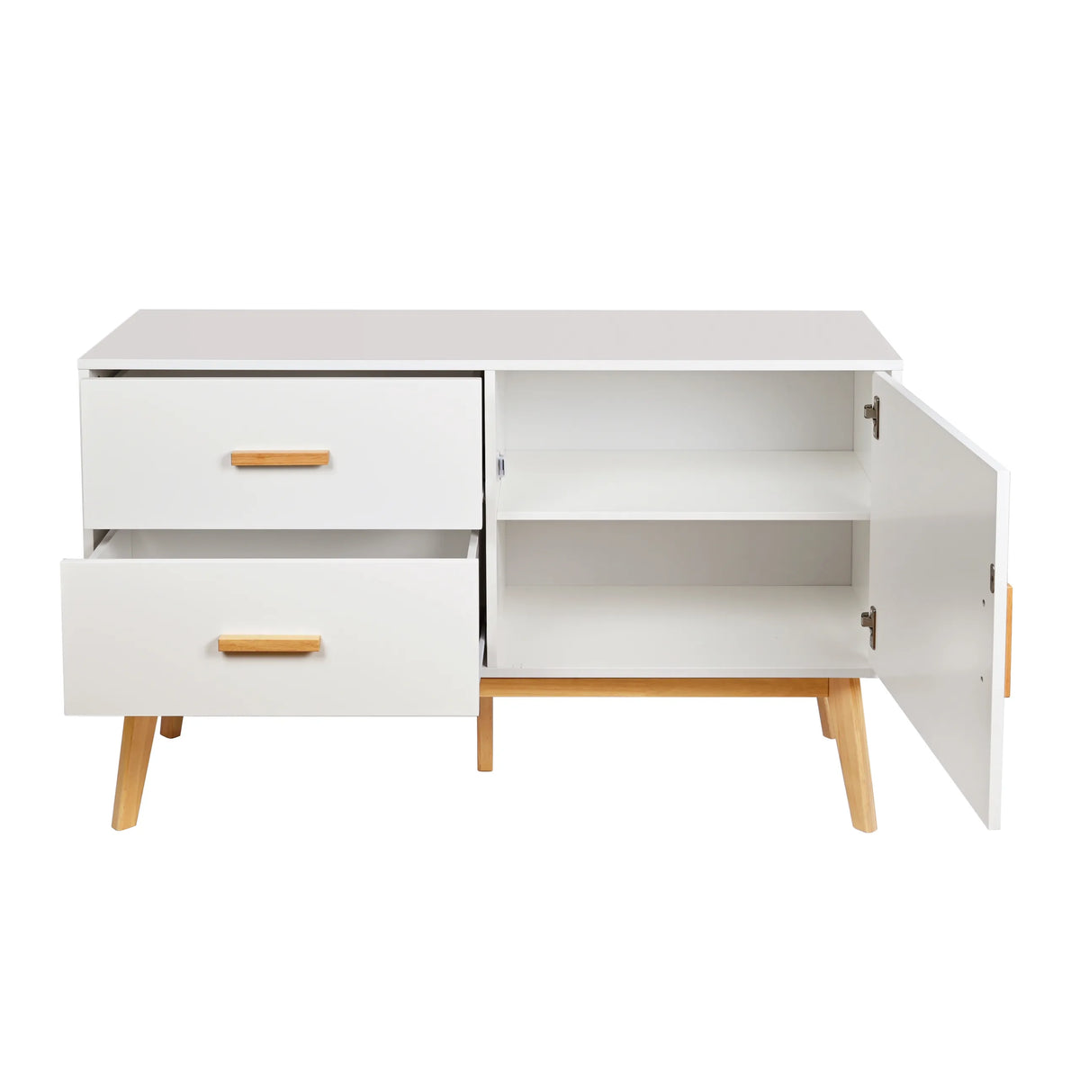 Buffet blanc TAROLO avec deux tiroirs, un compartiment avec porte ouverte et pieds en bois de hjh LIVING