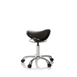 Tabouret de selle ORTHO SIT noir avec repose-pieds en croix et cinq roulettes de hjh OFFICE – vue à 360° (vue de profil 80°)