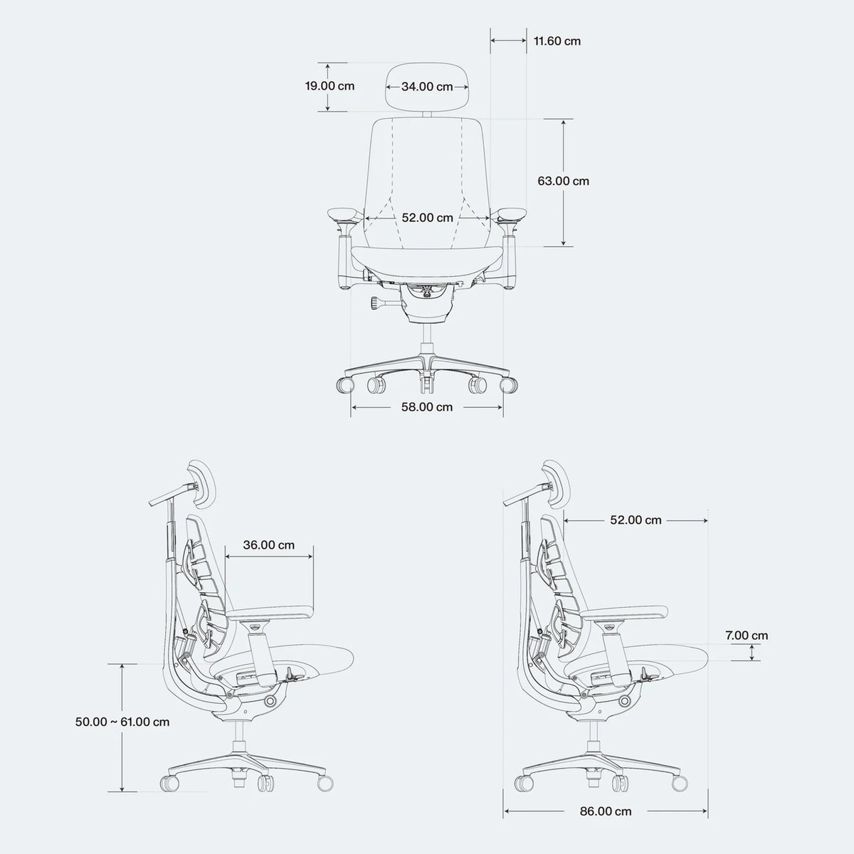 Dessin technique de la chaise de bureau LiberNovo Maxis Manual avec indications de hauteur, largeur et profondeur en centimètres de Libernovo