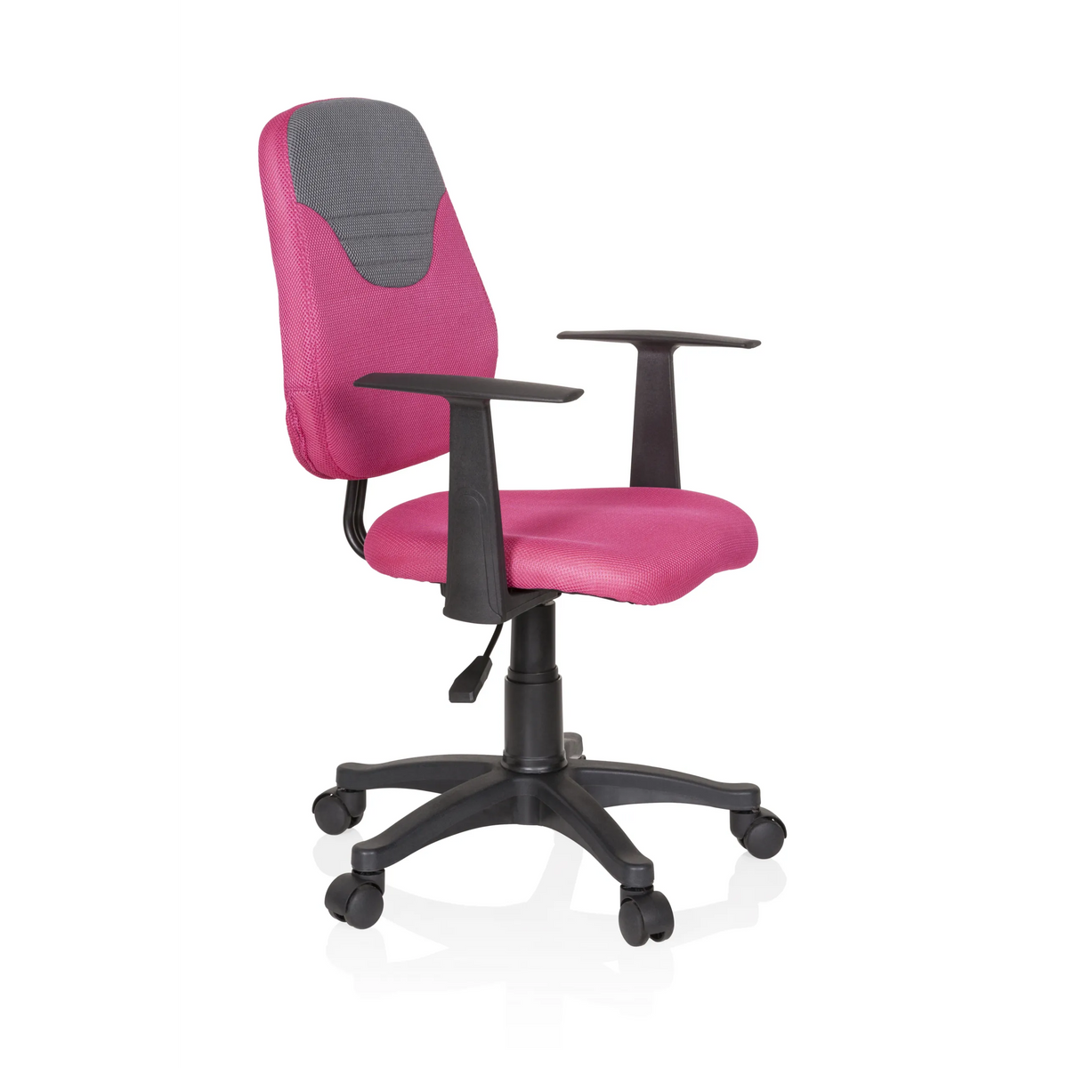 Chaise pivotante pour des enfants KIDDY STYLE rose et grise avec dossier en maille et base à cinq roulettes de hjh OFFICE – vue à 360° (vue de trois quarts avant 60°)
