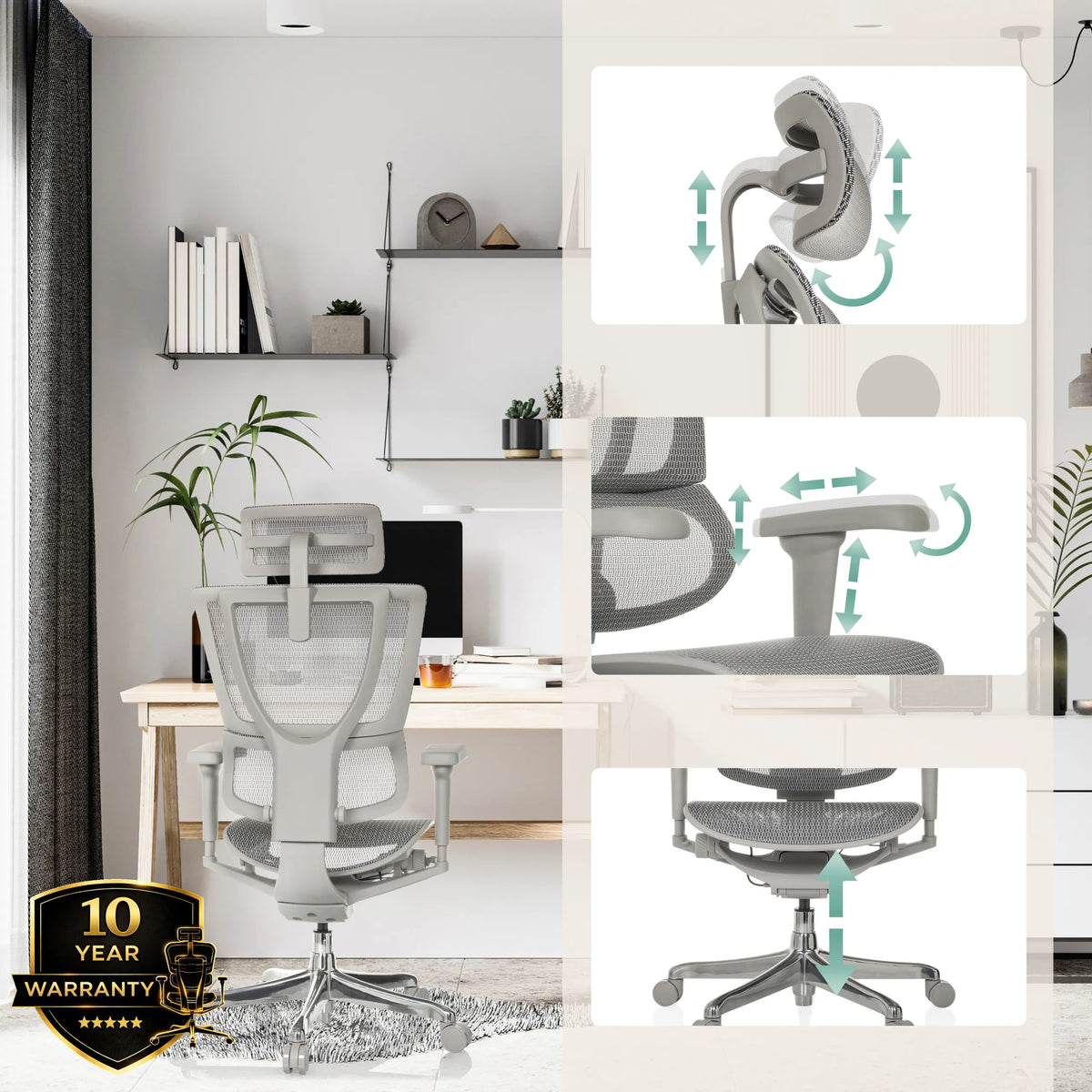 Appui-tête, accoudoirs et vérin à gaz réglables du siège de direction de luxe ERGOHUMAN SLIM ULTRA G GEN2 en gris de hjh OFFICE