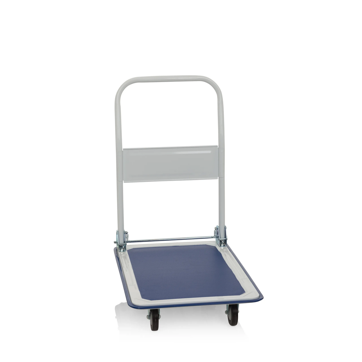 Chariot à plateforme CARRY bleu et blanc avec poignée pliable et quatre roulettes de hjh OFFICE – vue à 360° (vue de trois quarts avant 60°)