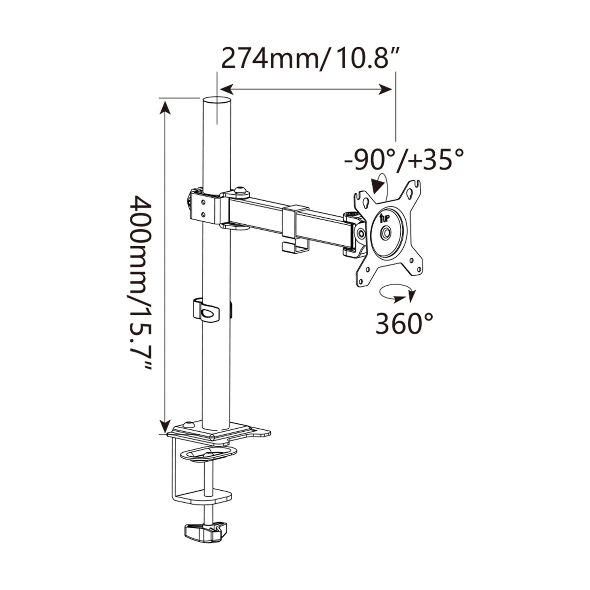 Dessin technique de la Fixation pour écran Ergomount M1 d'une hauteur de 400 mm de hjh OFFICE