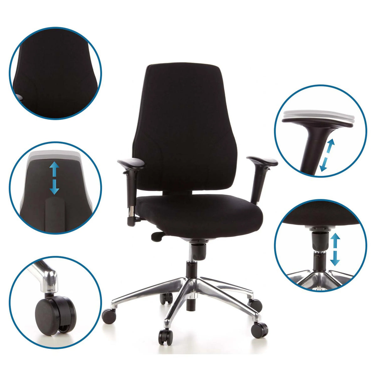Verstellbare Funktionen des Profi-Bürostuhls PRO-TEC 200 mit Armlehnen und Gasfeder von hjh OFFICE