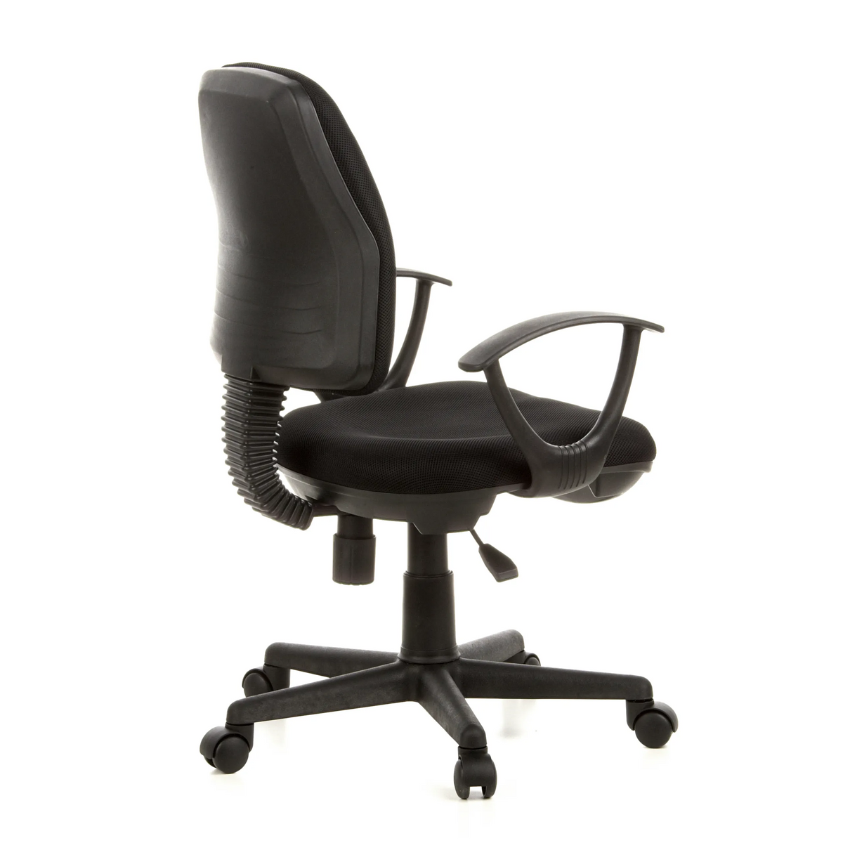 Siège de bureau à domicile CITY 10 noir avec dossier en maille, accoudoirs et base à cinq roulettes de hjh OFFICE – vue à 360° (vue de trois quarts arrière 120°)