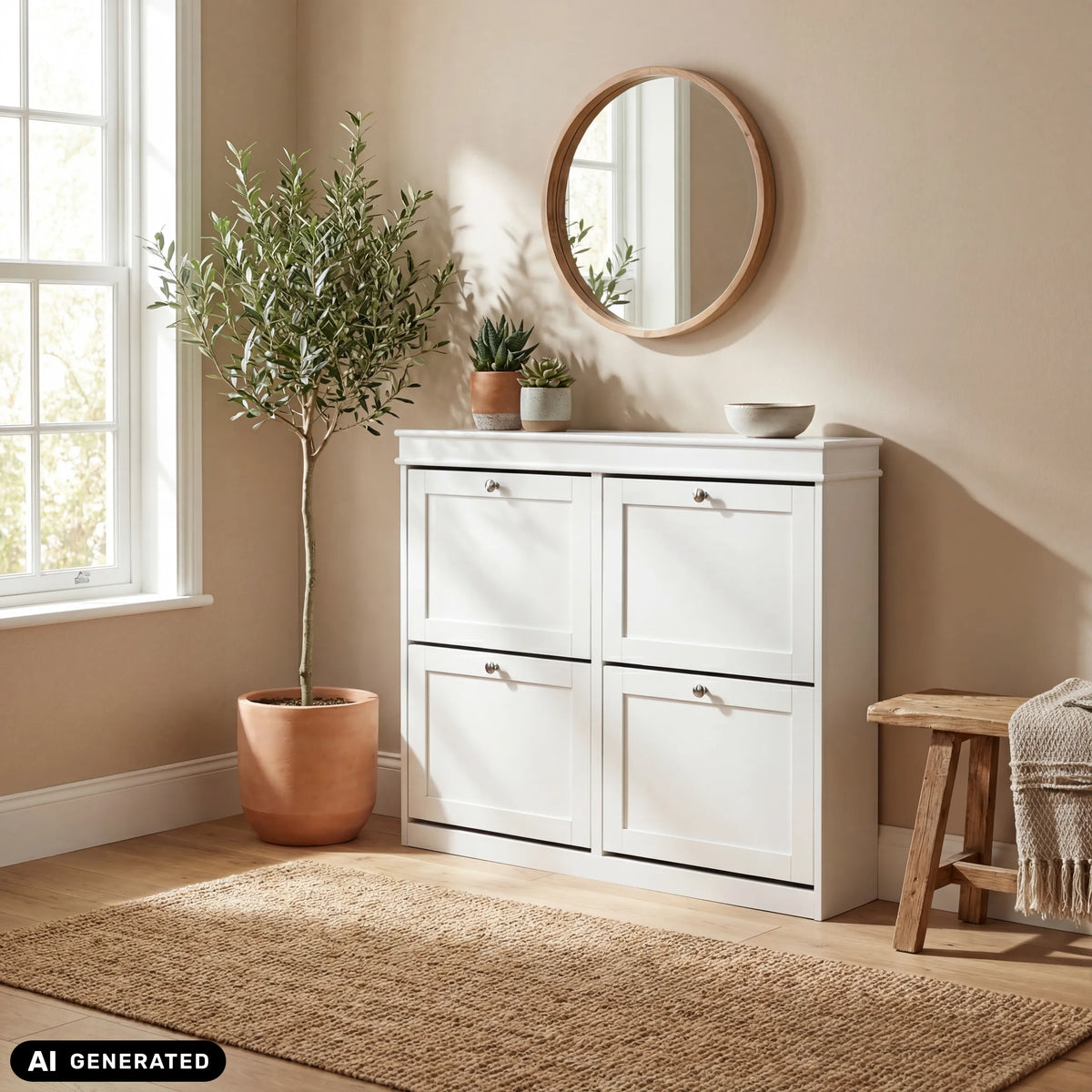 Armoire à chaussures Estha 40 blanche avec quatre compartiments abattants et boutons ronds de hjh LIVING (image générée par IA)