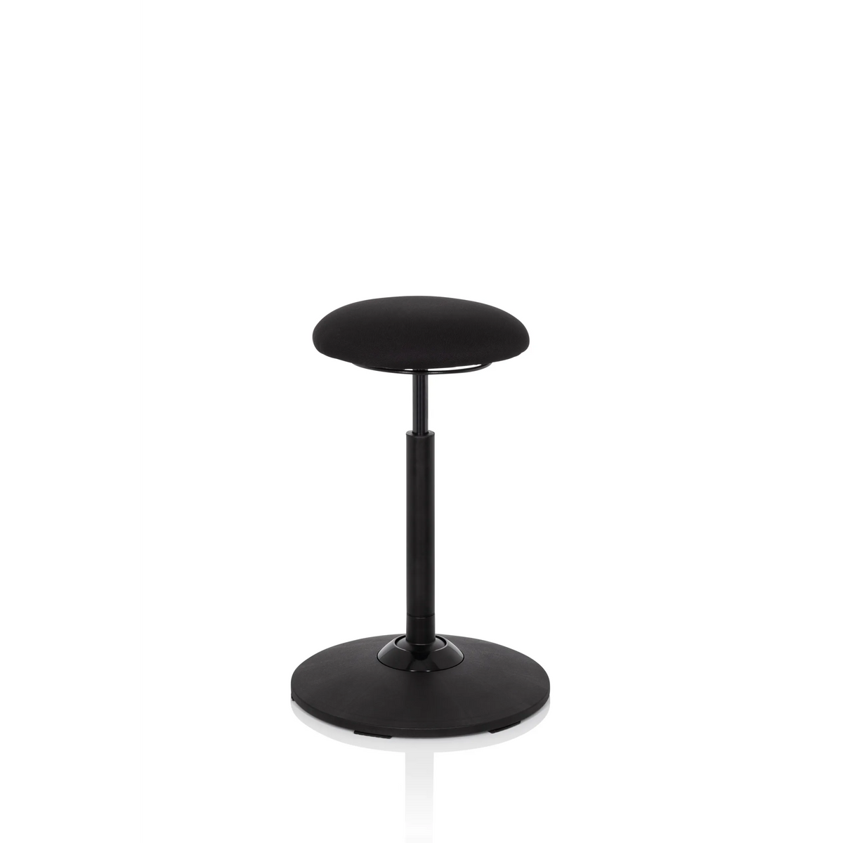 Siège assis-debout BALANCE SIT noir avec coussin d'assise rond et pied circulaire de hjh OFFICE – vue à 360° (vue de trois quarts avant 40°)