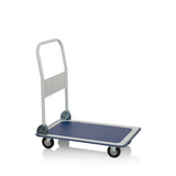 Chariot à plateforme CARRY bleu et blanc avec poignée pliable et quatre roulettes de hjh OFFICE – vue à 360° (vue de face 0°)