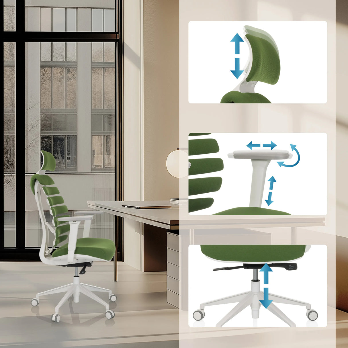 Appuie-tête, accoudoirs et assise réglables en hauteur du siège de bureau de qualité professionnelle ERGO LINE W en Mystic Forest de hjh OFFICE