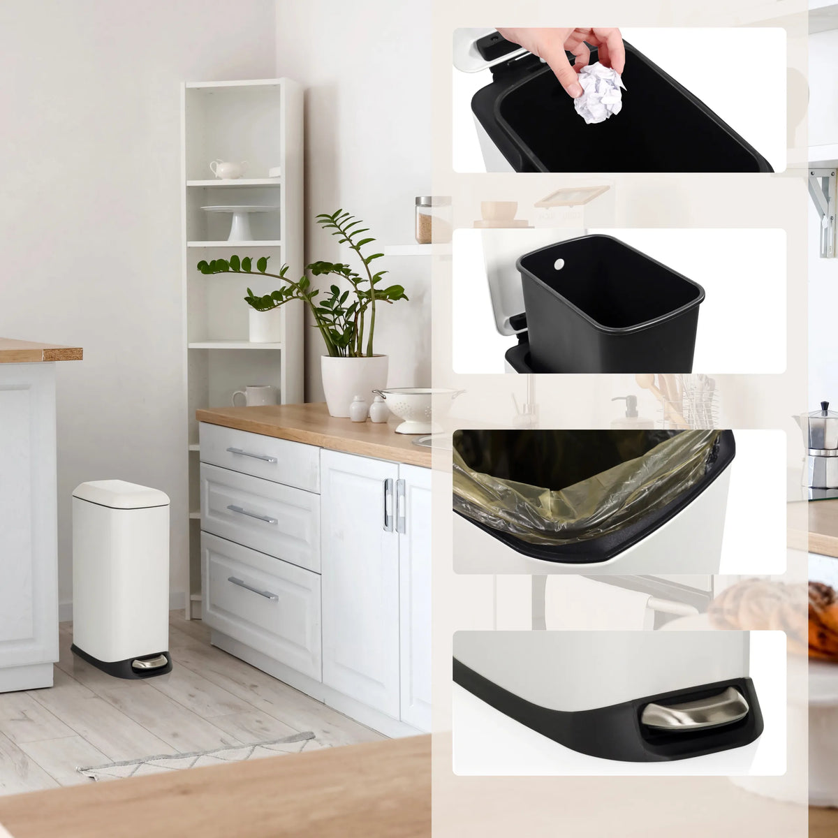 Poubelle blanche CLEAN SLIM avec seau intérieur noir, sac poubelle et pédale de hjh OFFICE