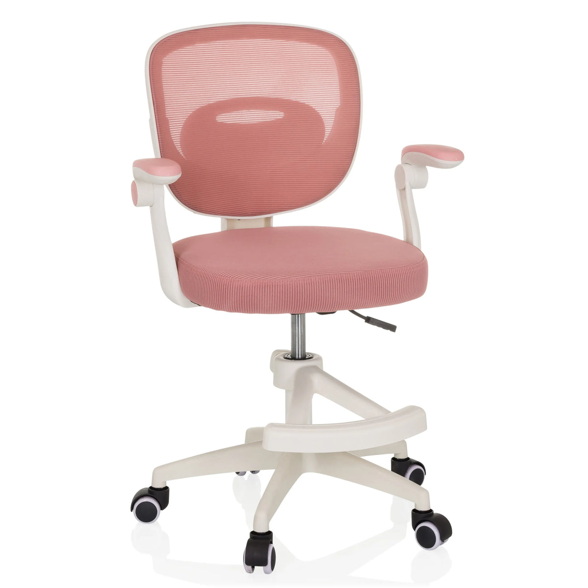 Chaise pivotante pour des enfants KIDDY SMART rose avec dossier en maille et base à cinq roulettes de hjh OFFICE – vue à 360° (vue de face 15°)