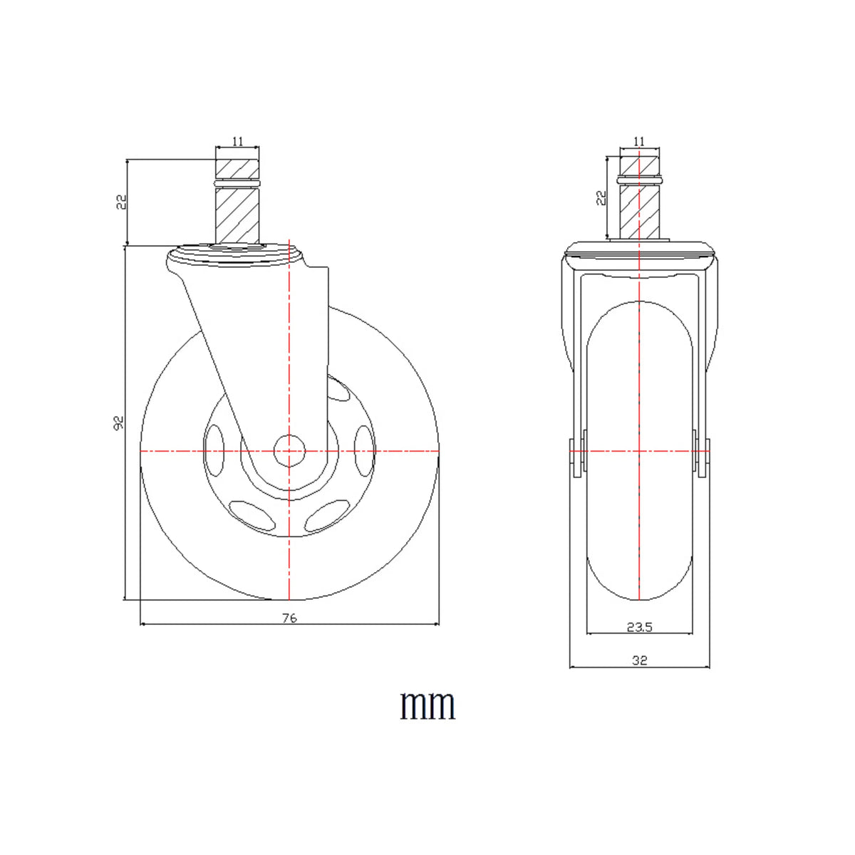 Dessin technique des Roulettes 5x ROLO SKATE ST 11mm/75mm d'un diamètre de 76 mm de hjh OFFICE