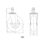 Dessin technique des Roulettes 5x ROLO SKATE ST 11mm/75mm d'un diamètre de 76 mm de hjh OFFICE