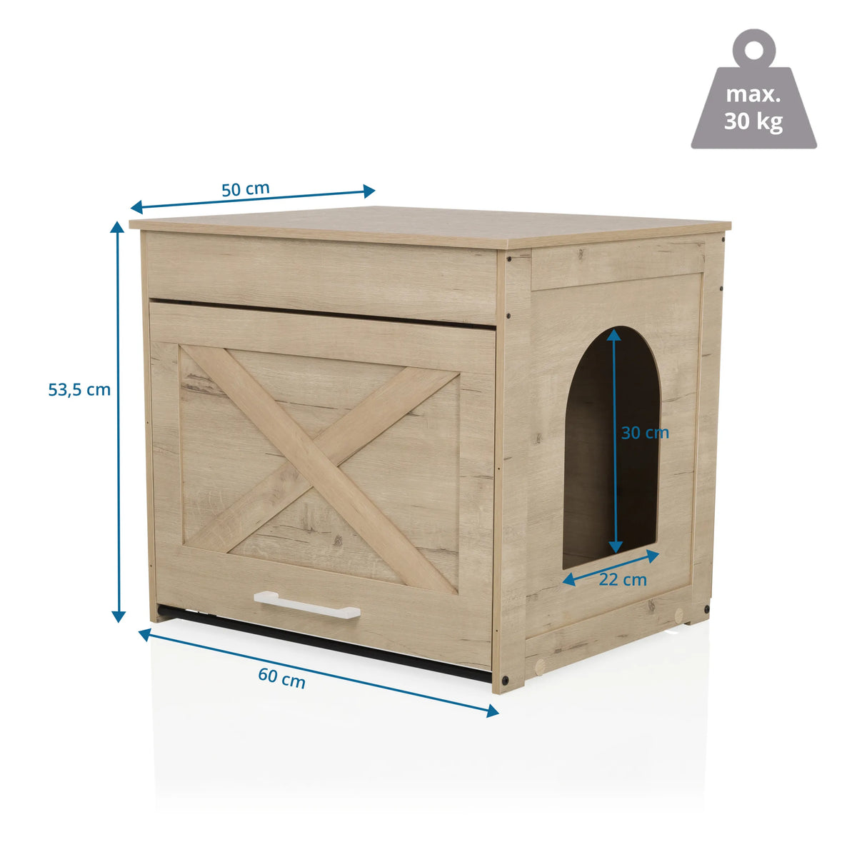 Dessin coté de la Maison pour chat KITTY PAWBOX 1 aspect chêne, 60 × 50 cm de hjh LIVING