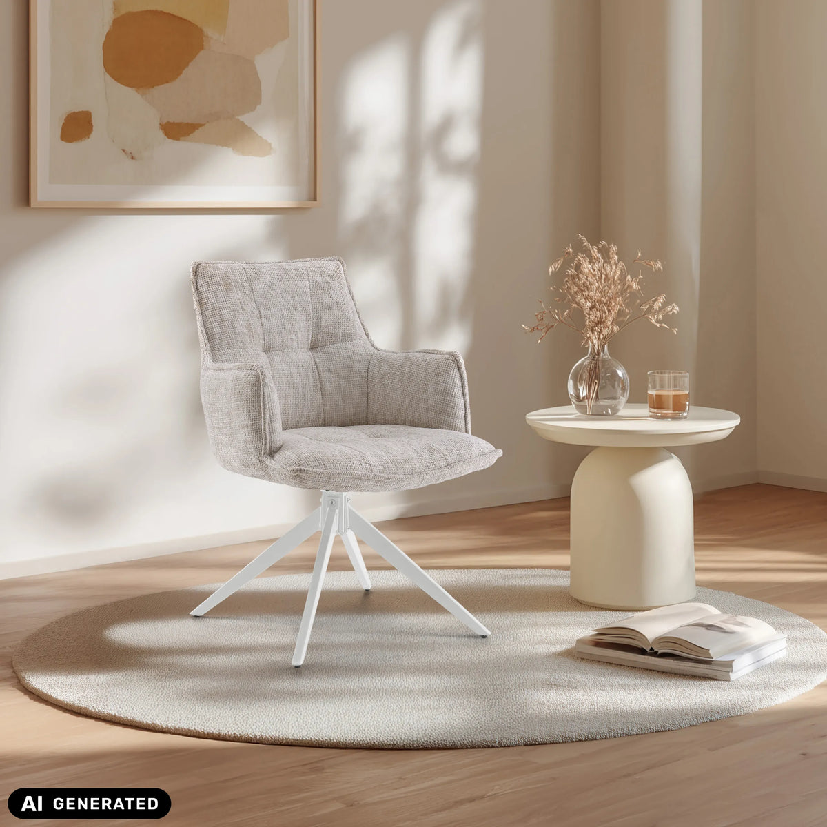 Chaise de salle à manger Tavaro beige avec piètement étoile blanc sur un tapis rond de hjh LIVING (image générée par IA)