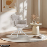 Chaise de salle à manger Tavaro beige avec piètement étoile blanc sur un tapis rond de hjh LIVING (image générée par IA)