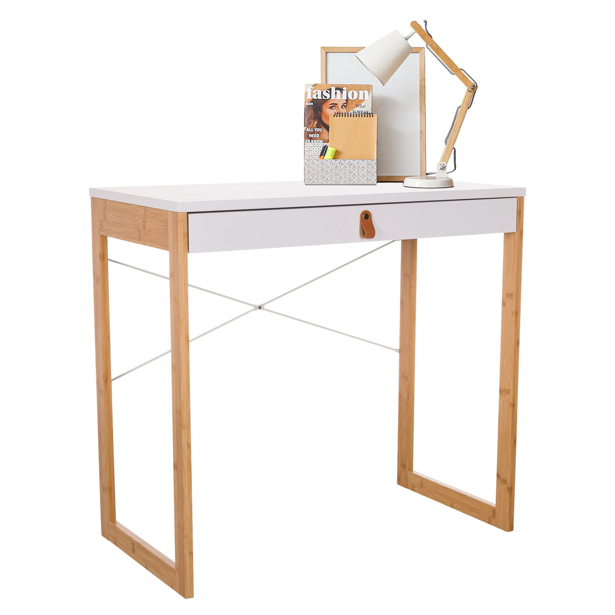 Bureau blanc TAROLO II avec un tiroir et structure en bambou de hjh LIVING