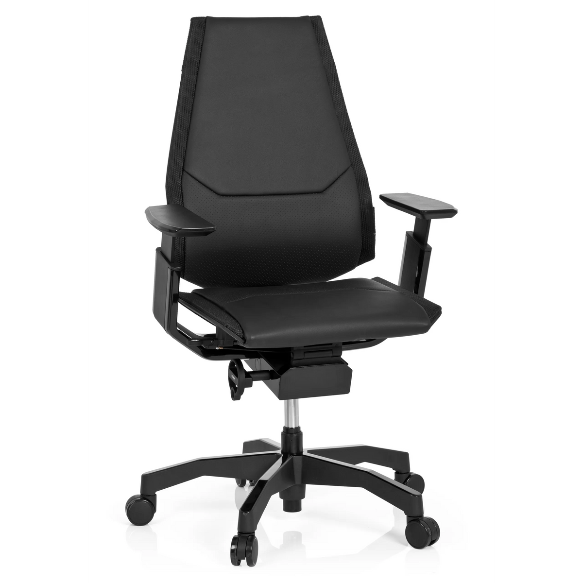 Siège de bureau haut de gamme GENIDIA BLACK noir en cuir avec accoudoirs et pied à cinq roulettes de hjh OFFICE – vue à 360° (vue de face 20°)