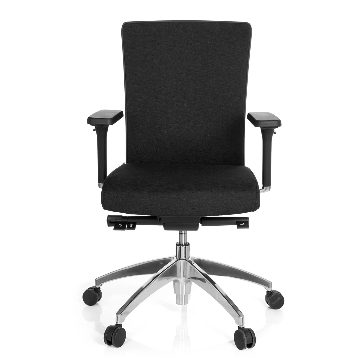 Siège de bureau de qualité professionnelle ASTRA BASE noir avec accoudoirs et base à cinq roulettes de hjh OFFICE – vue à 360° (vue de face 0°)