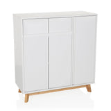 Commode blanche ESTHA avec deux tiroirs, trois portes et pieds en bois clair de hjh LIVING – vue à 360° (vue de face 15°)