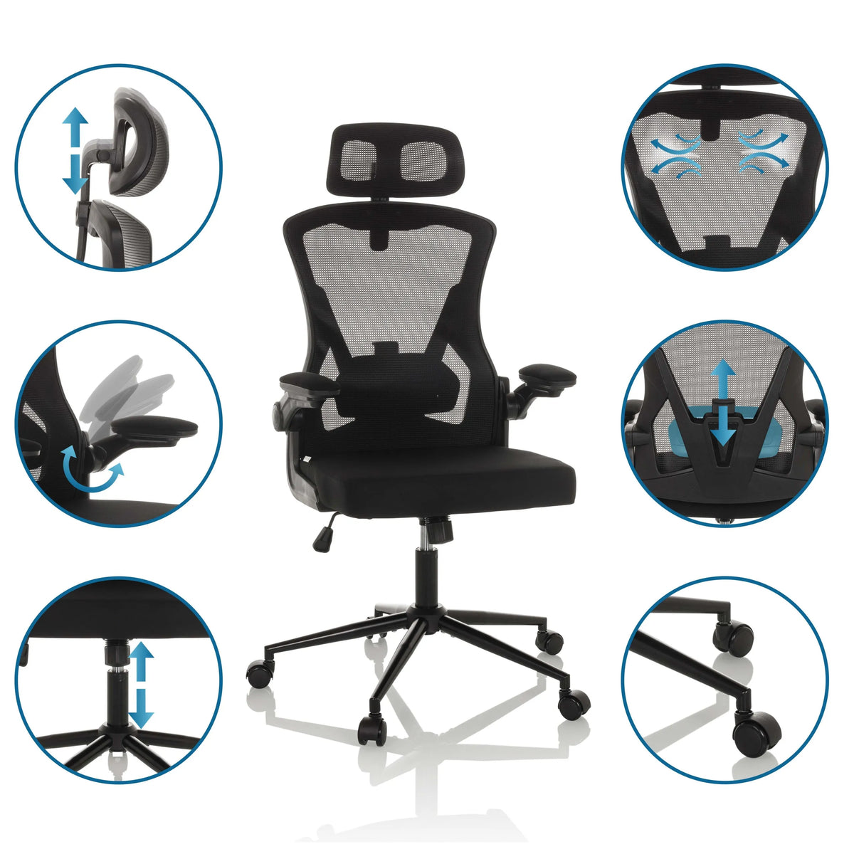 Siège de bureau de qualité professionnelle ARIGANO noir avec appui-tête, accoudoirs et support lombaire réglables de hjh OFFICE
