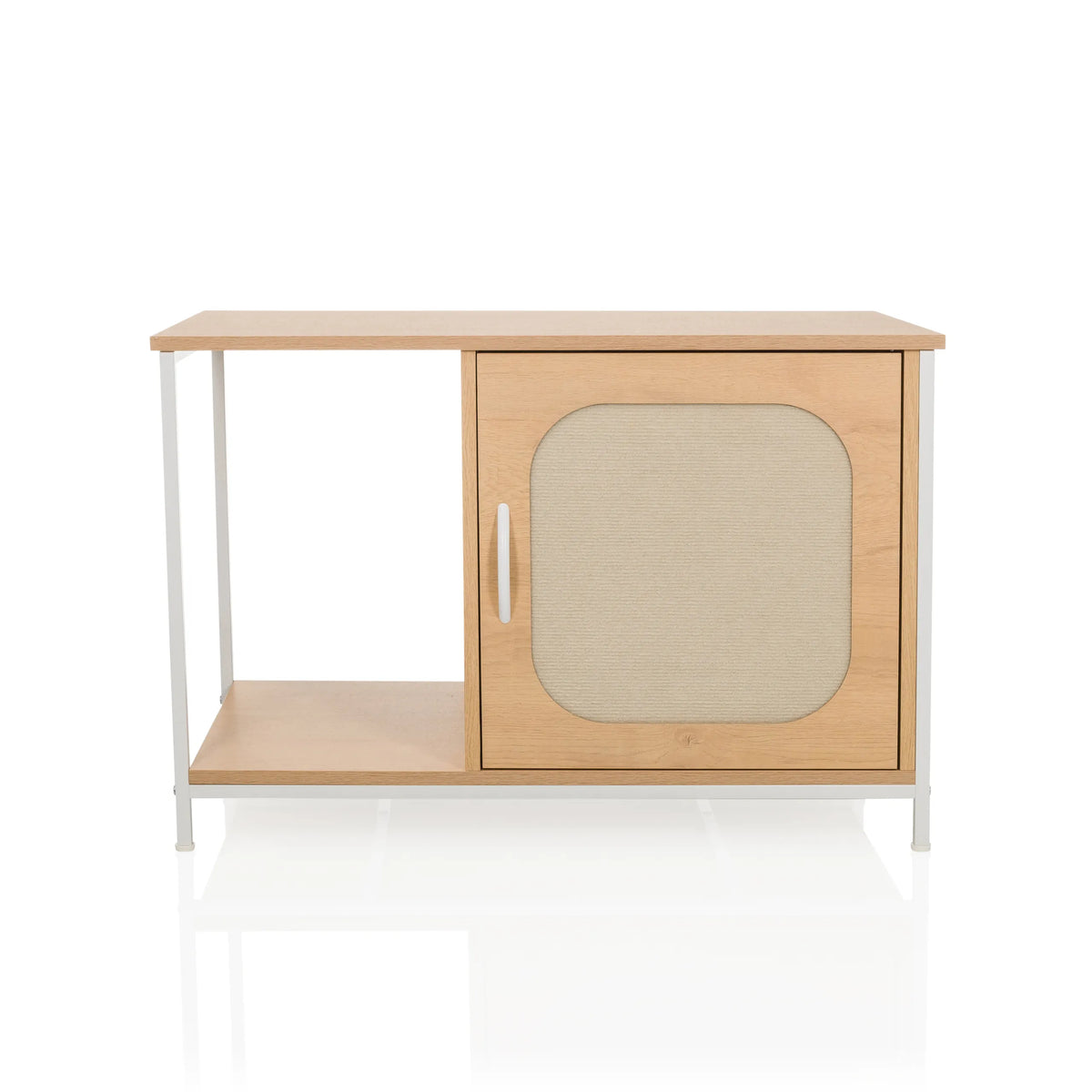 Maison pour chat KITTYHOME 1 blanche avec un compartiment ouvert et un placard avec porte en tissu de hjh LIVING – vue à 360° (vue de face 0°)