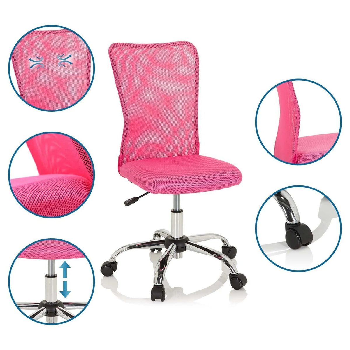 Chaise pivotante pour des enfants KIDDY NET I rose avec dossier en maille, hauteur réglable et base brillante à roulettes de hjh OFFICE
