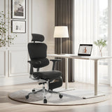 Siège de direction de luxe ERGOHUMAN PLUS LEGPRO GEN2 en cuir noir avec appui-tête à un bureau blanc de hjh OFFICE