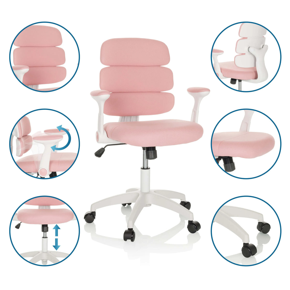 Chaise pivotante pour enfants KID ERGOLINO W rose avec différentes vues détaillées des réglages et des roulettes de hjh OFFICE