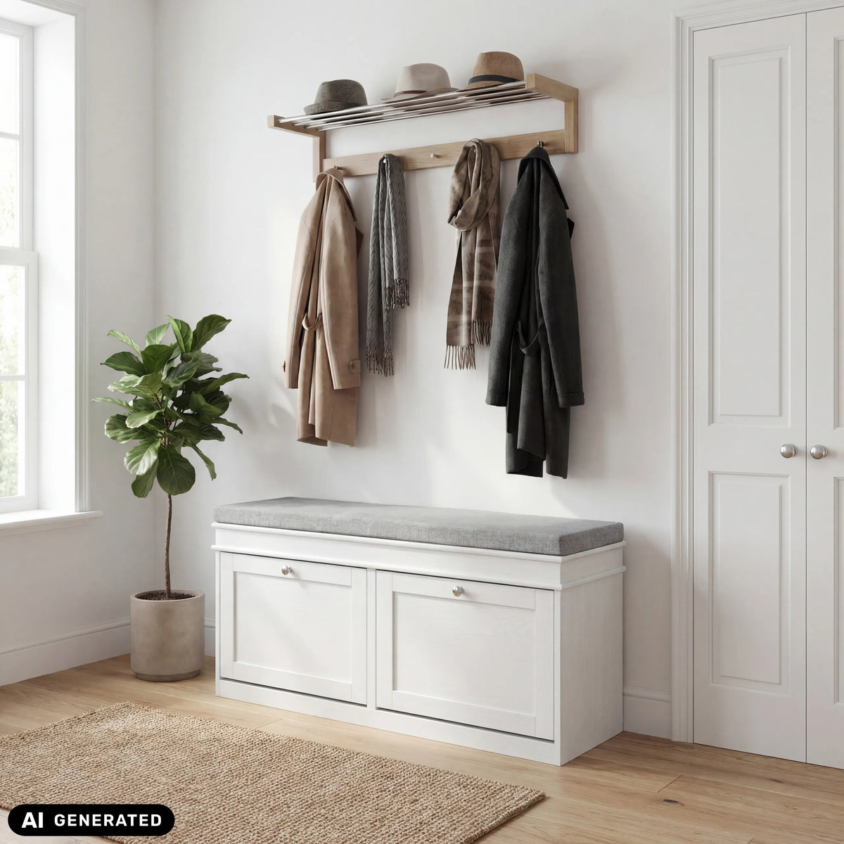 Armoire à chaussures Estha 11 blanche avec assise grise et penderie au-dessus de hjh LIVING (image générée par IA)