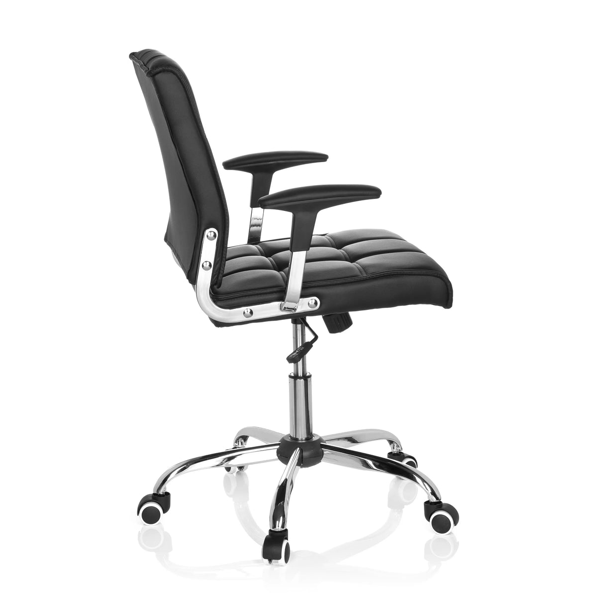 Siège de bureau à domicile ERNESTO noir avec rembourrage capitonné et base à cinq roulettes de hjh OFFICE – vue à 360° (vue de profil 100°)