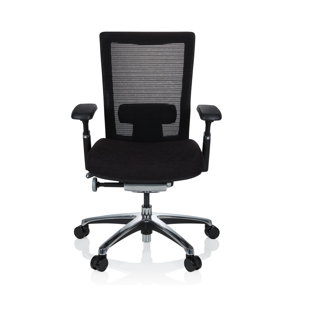 Siège de bureau haut de gamme NOVA PRO ALU noir avec dossier en maille et base à cinq roulettes de hjh OFFICE – vue à 360° (vue de face 0°)