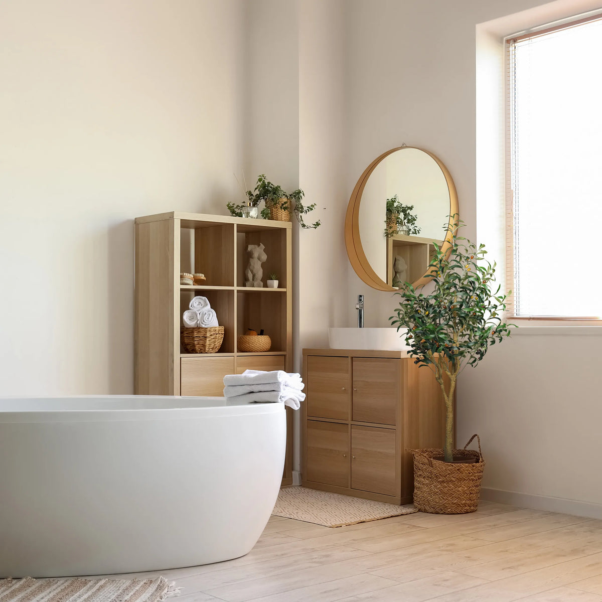 Plante artificielle verte OLIVE II dans un panier tressé à côté d'un lavabo de salle de bain de hjh OFFICE