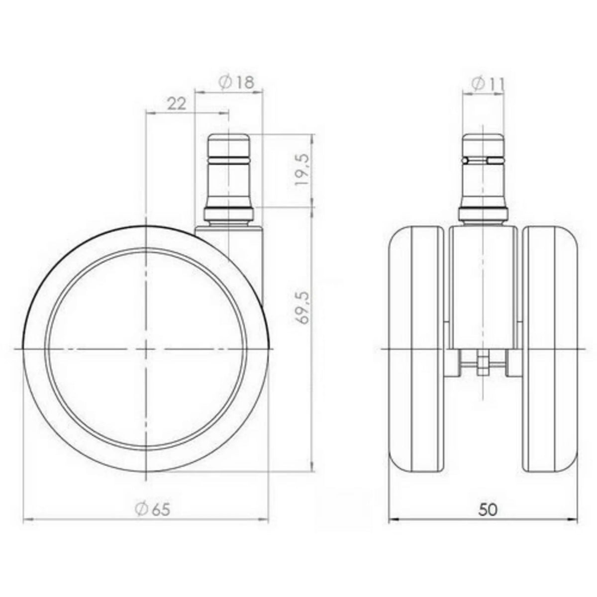 Dessin technique des Roulettes 5x ROLO FREE 11mm/65mm d'un diamètre de 65 mm de hjh OFFICE