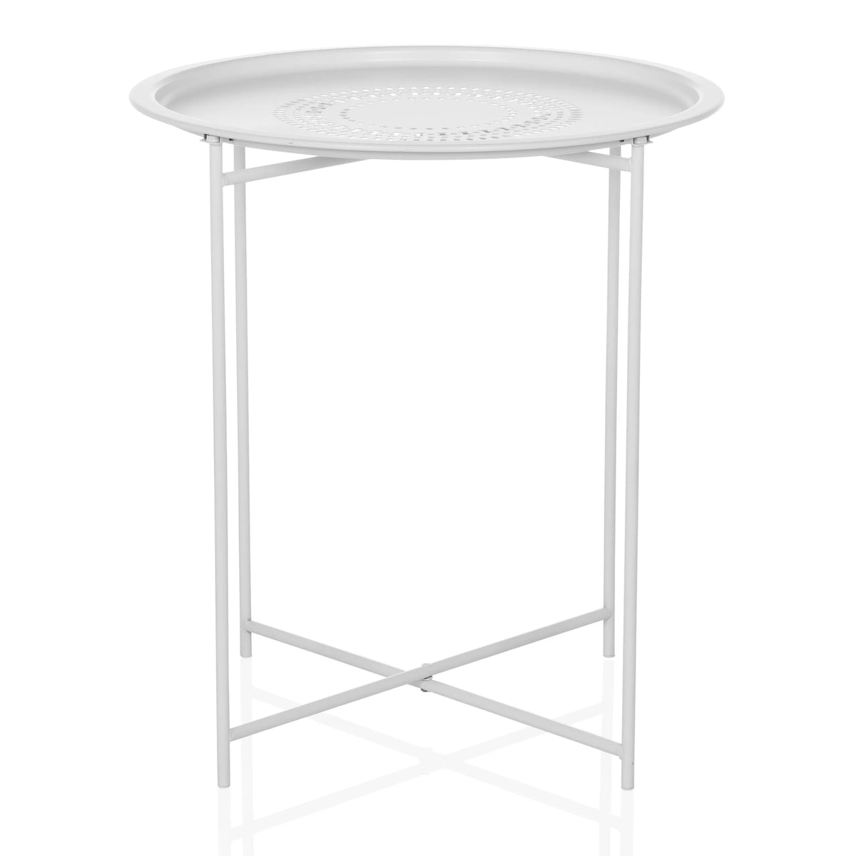 Table d'appoint ALLRUND blanche en métal avec motif perforé et pied croisé de hjh LIVING – vue à 360° (vue de face 0°)