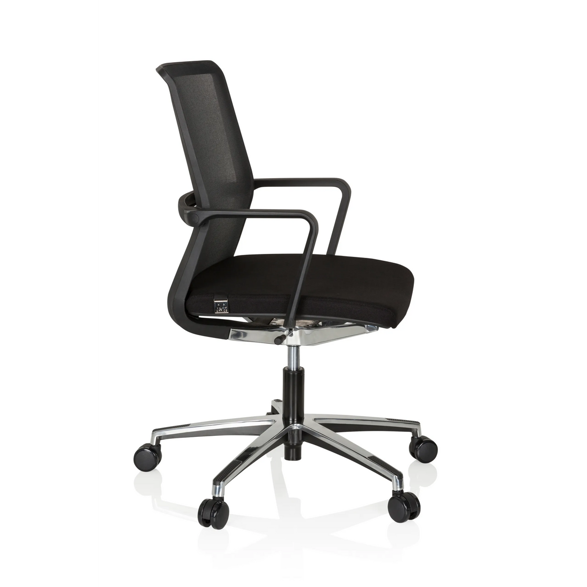 Siège de bureau de qualité professionnelle MOVE-TEC NET 3D noir avec dossier en maille et base à cinq roulettes de hjh OFFICE – vue à 360° (vue de profil 80°)
