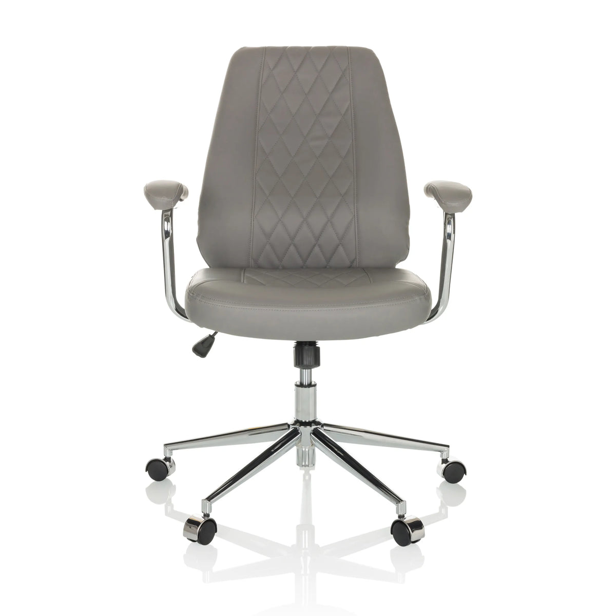 Siège de direction pour bureau à domicile THEO I gris avec dossier capitonné et base à cinq roulettes de hjh OFFICE – vue à 360° (vue de face 0°)